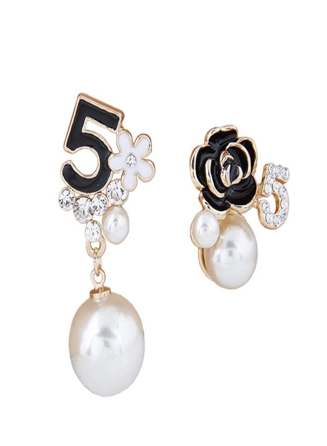 Glamtune Faux Imitation Pearl White Black Floral Dangle Drop Earrings Studs for Women - Image 1